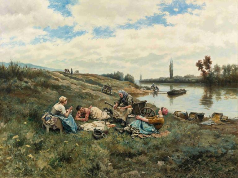 Après Un Déjeuner; Bords De La Seine,Daniel Ridgway Knight,Lukisan cat minyak,Lukisan cat minyak