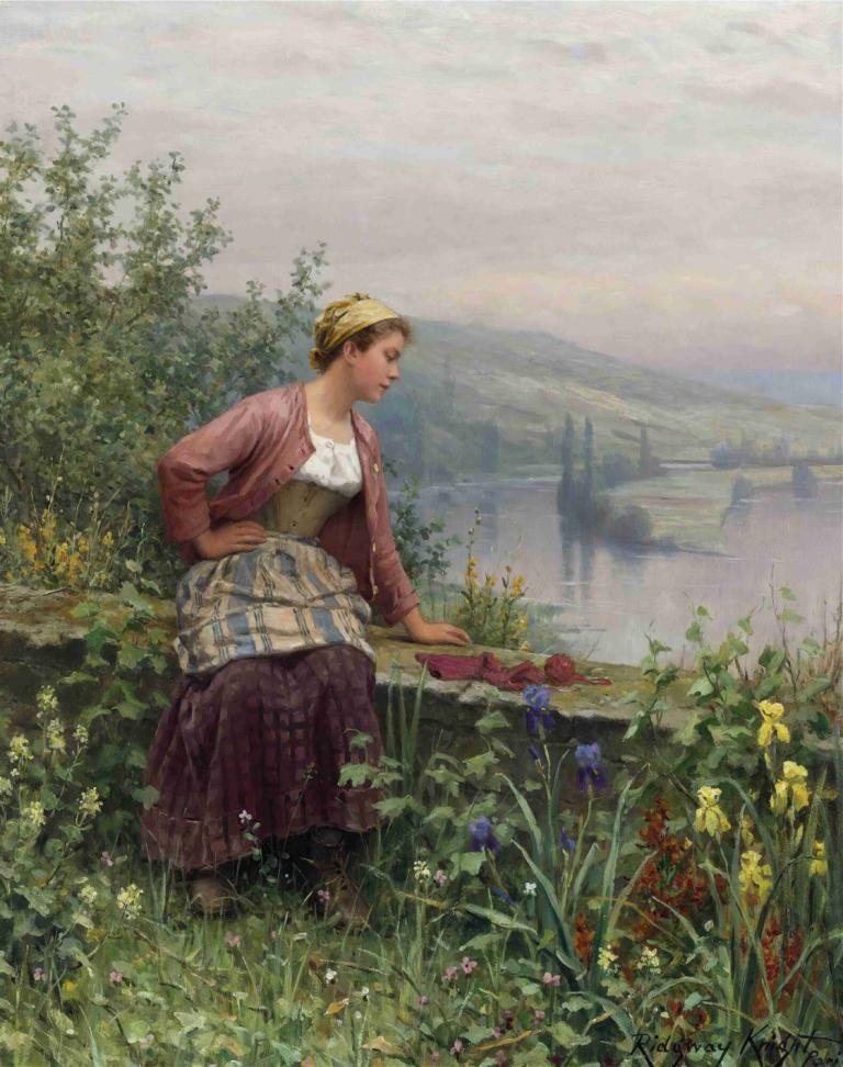 Brittany Girl Overlooking A Stream,Daniel Ridgway Knight,Oil Painting,Oil Painting, 1girl, flower, outdoors