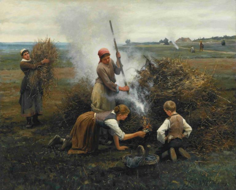 Burning Brush,Daniel Ridgway Knight,Oil Painting,Oil Painting, multiple boys, outdoors, smoke