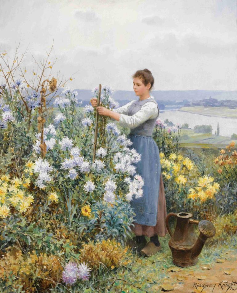 Chrysanthemums,Krysantemum,Daniel Ridgway Knight,Oljemaleri,Oljemaleri, forkle, blomst, 1 jente, utendørs