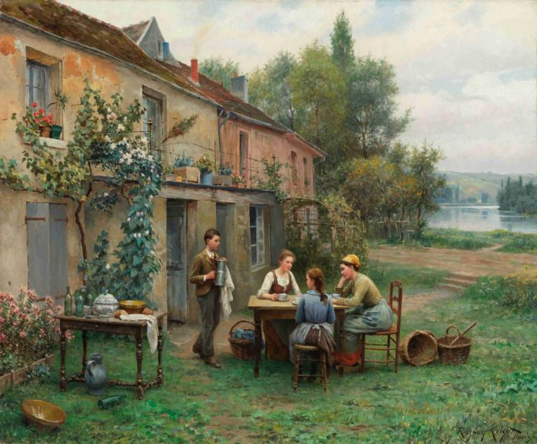 Coffee In The Garden,Daniel Ridgway Knight,Oil Painting,Oil Painting, house, multiple boys, chair, tree