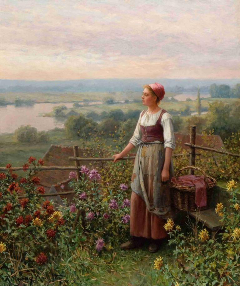 Evening at Chantemesle,Daniel Ridgway Knight,Oil Painting,Oil Painting, flower, 1girl, outdoors, solo, apron