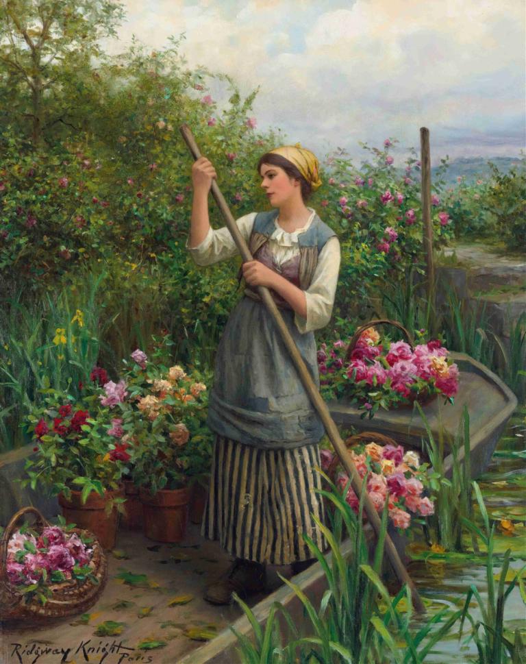 Gathering Flowers Along The River,Daniel Ridgway Knight,Oil Painting,Oil Painting, 1girl, solo, flower