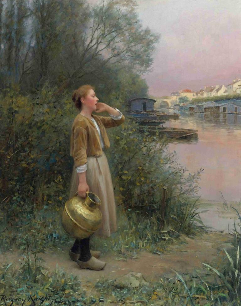 Girl With Water Jug,Daniel Ridgway Knight,Oil Painting,Oil Painting, outdoors, tree, holding, solo