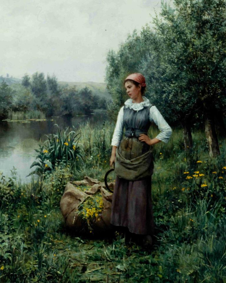 Girl by a Stream, Flanders,Daniel Ridgway Knight,Oil Painting,Oil Painting, 1girl, solo, outdoors, shirt