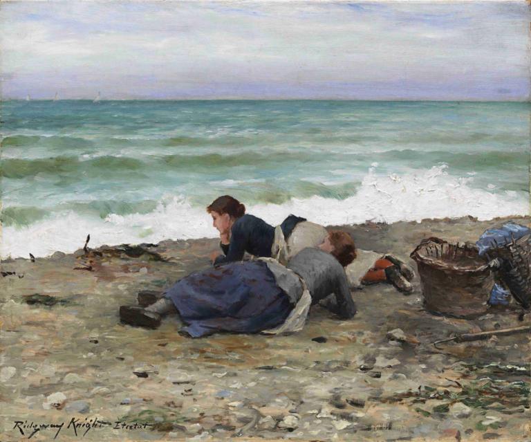 High Tide, Étretat,Daniel Ridgway Knight,Oil Painting,Oil Painting, outdoors, ocean, brown hair, beach