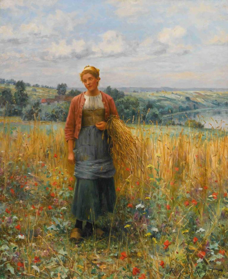 Jeannine Gleaning,Daniel Ridgway Knight,Oil Painting,Oil Painting, outdoors, field, blonde hair, flower