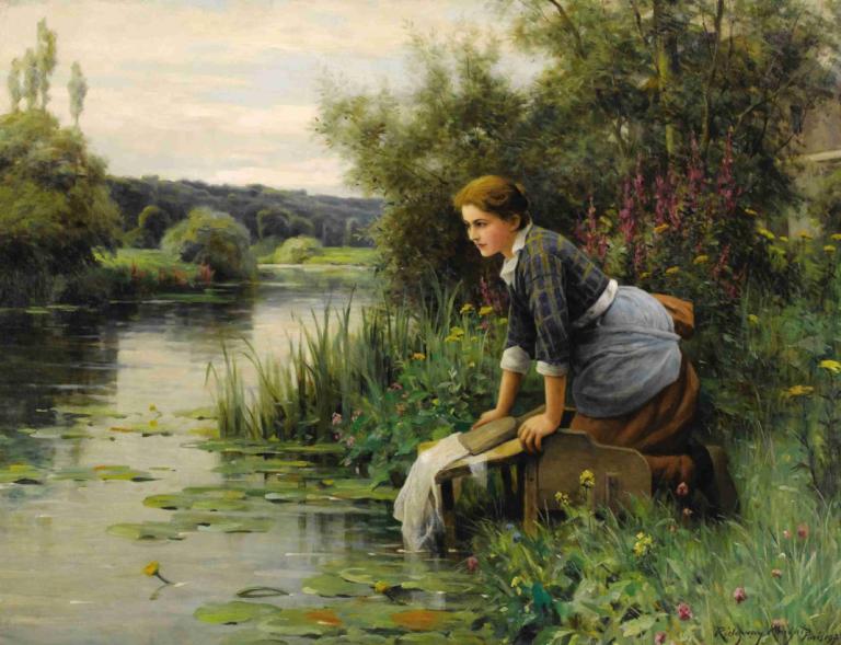 Laundress by the Water's Edge,Tukang Cuci di Tepi Air,Daniel Ridgway Knight,Lukisan cat minyak