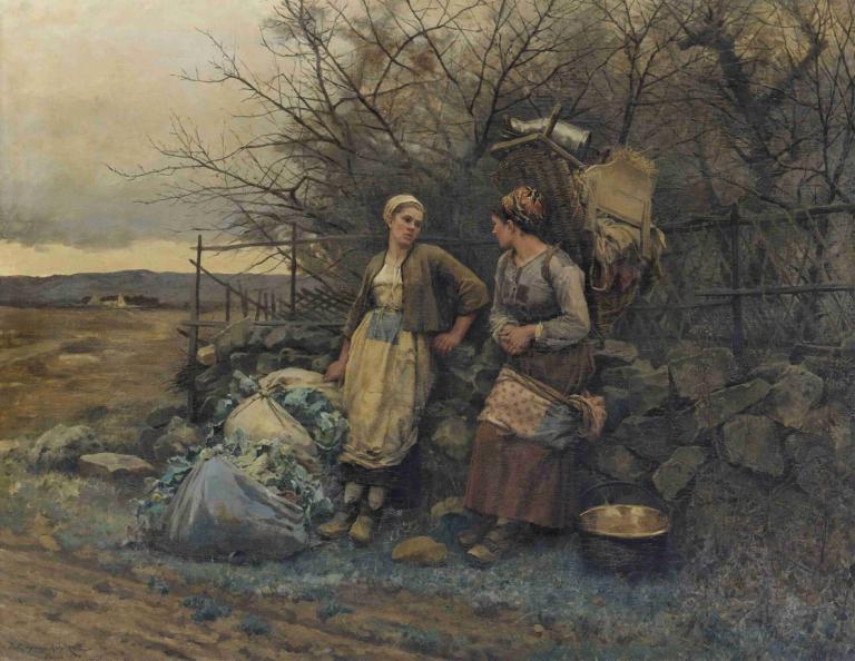 Maidens Waiting,Daniel Ridgway Knight,Oil Painting,Oil Painting, tree, multiple girls, 2girls, outdoors