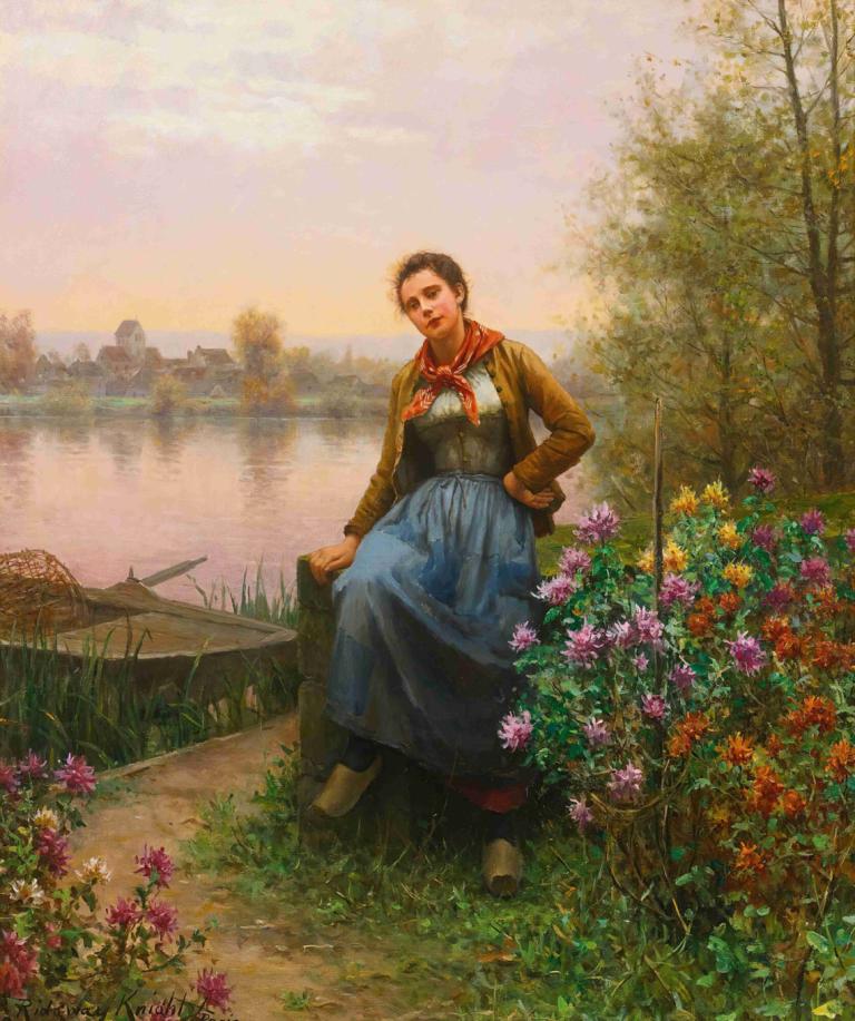 On The River's Edge,Daniel Ridgway Knight,Oil Painting,Oil Painting, 1girl, outdoors, flower, skirt, solo