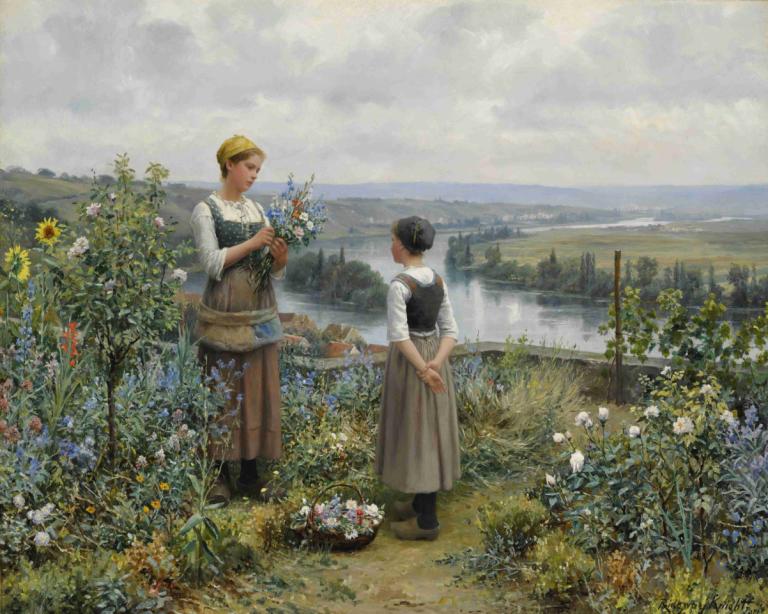 Picking Flowers,Daniel Ridgway Knight,Oil Painting,Oil Painting, flower, outdoors, blonde hair, white shirt