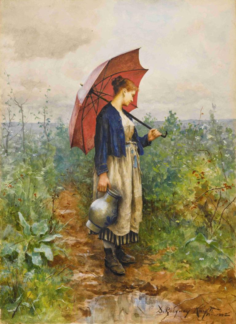 Portrait Of a Woman With Umbrella Gathering Water,Portret van een vrouw met paraplu die water verzamelt