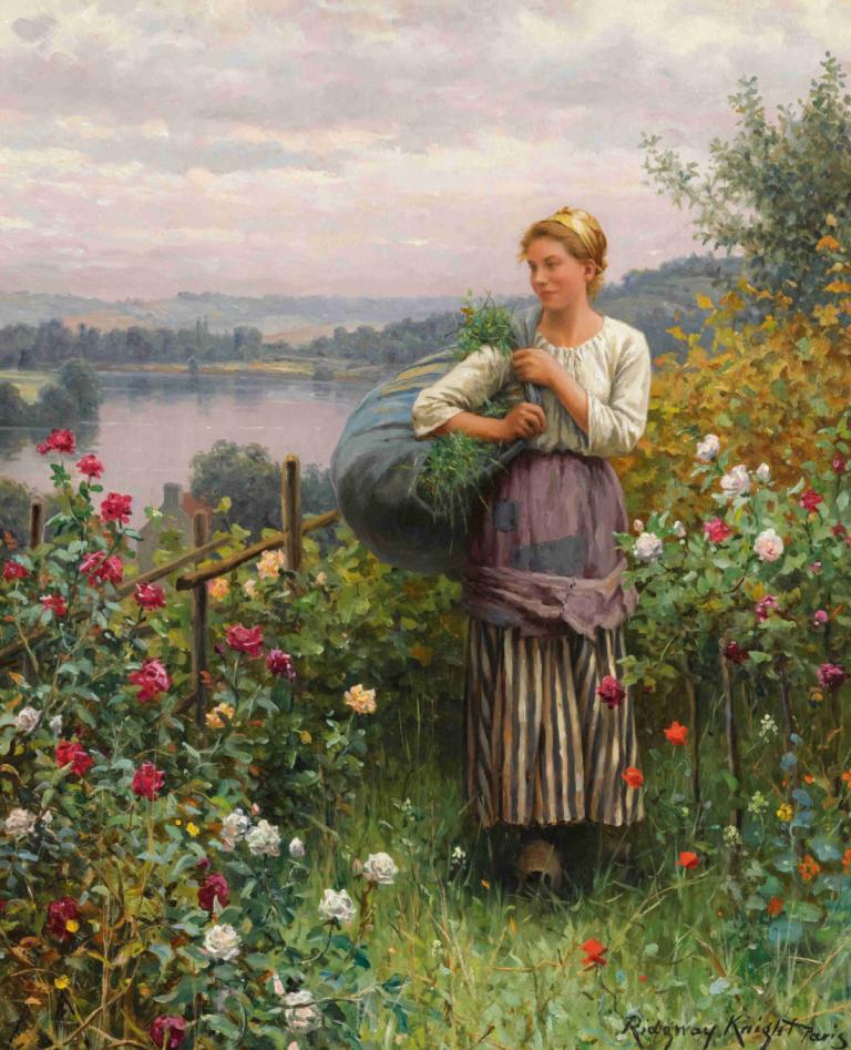 The Rose Garden,De rozentuin,Daniel Ridgway Knight,Daniel Ridgway Ridder,Olieverf,Olieverf, bloem, blond haar