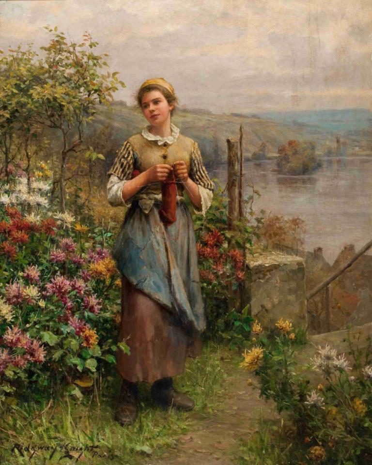 Young Woman Knitting,Breiende jonge vrouw,Daniel Ridgway Knight,Daniel Ridgway Ridder,Olieverf,Olieverf