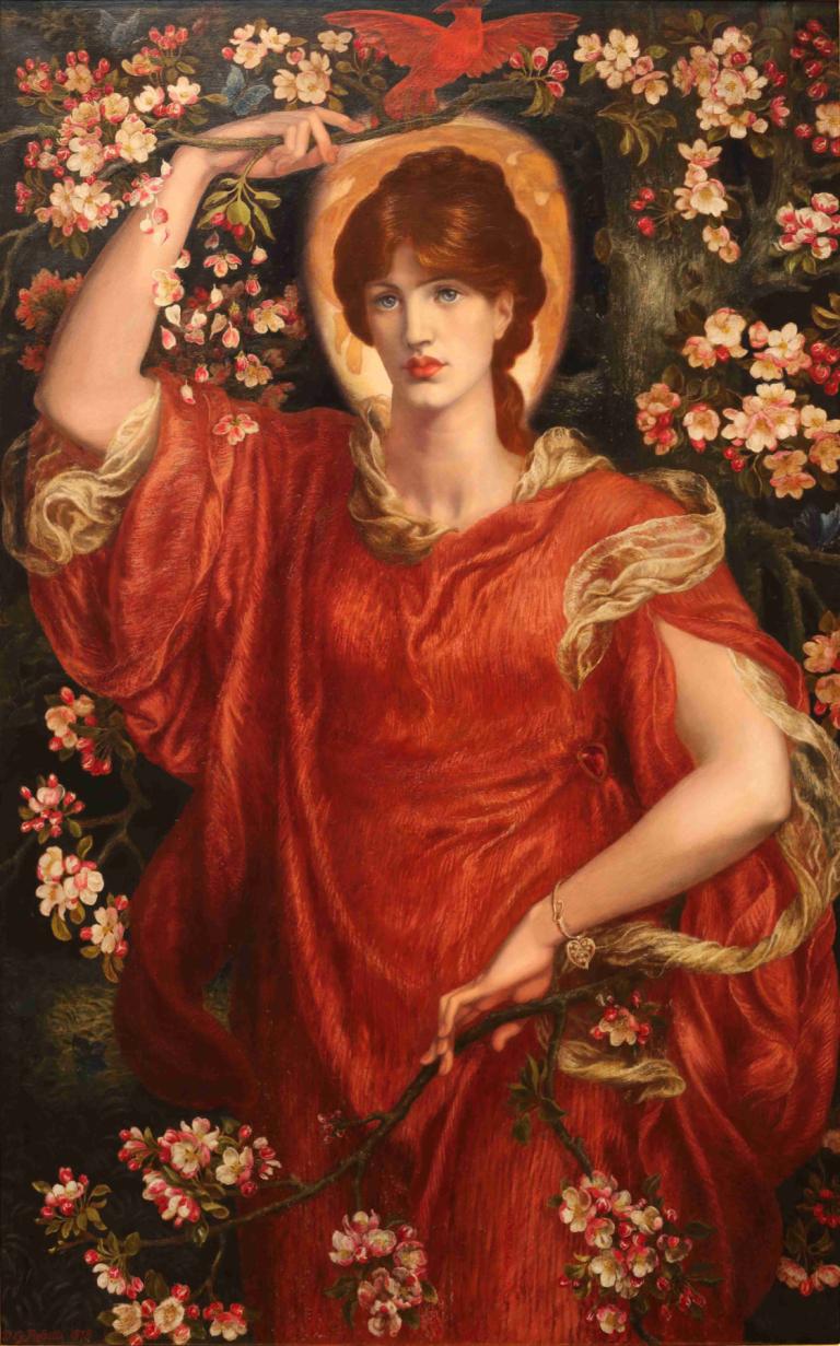 A Vision of Fiammetta,Dante Gabriel Rossetti,Oil Painting,Oil Painting, 1girl, branch, brown hair, solo