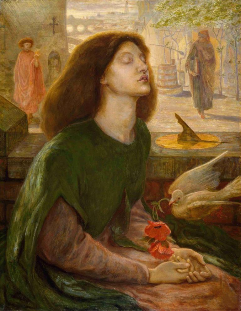 Beatrix,Dante Gabriel Rossetti,Oil Painting,Oil Painting, flower, closed eyes, multiple girls, brown hair