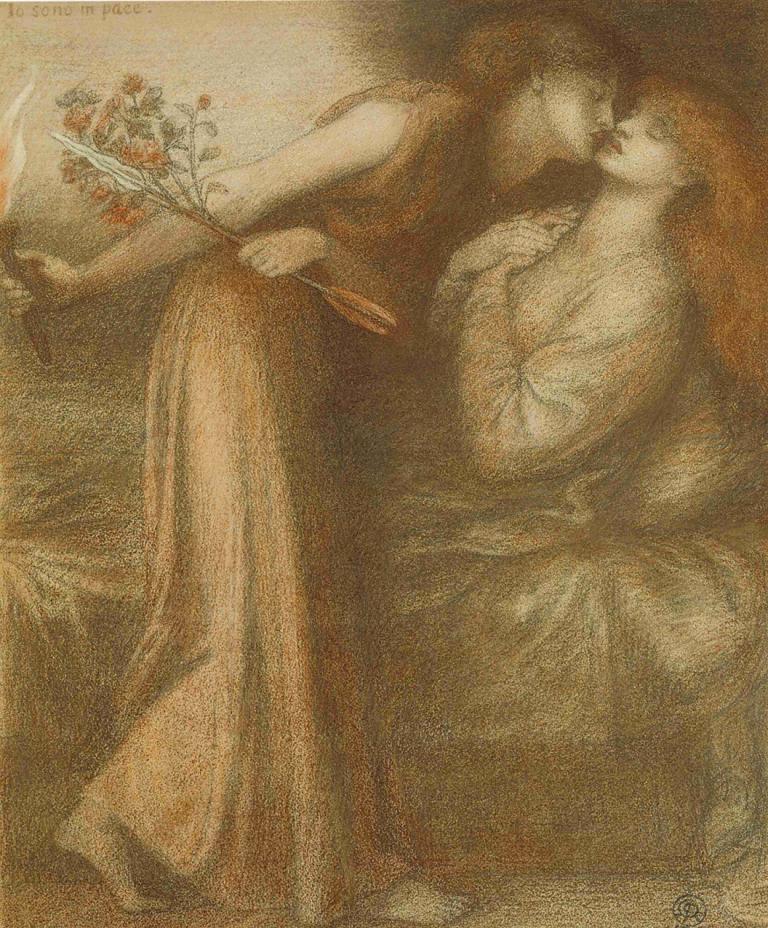 Dante's Dream (Io sono in pace),Dante Gabriel Rossetti,Oil Painting,Oil Painting, flower, 1boy, hand fan