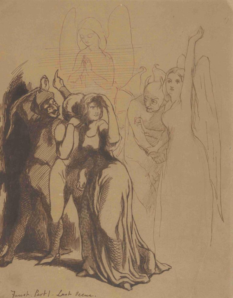 Faust; Part 1. Last Scene,Dante Gabriel Rossetti,Sketch,Sketch, multiple girls, wings, monochrome, dress