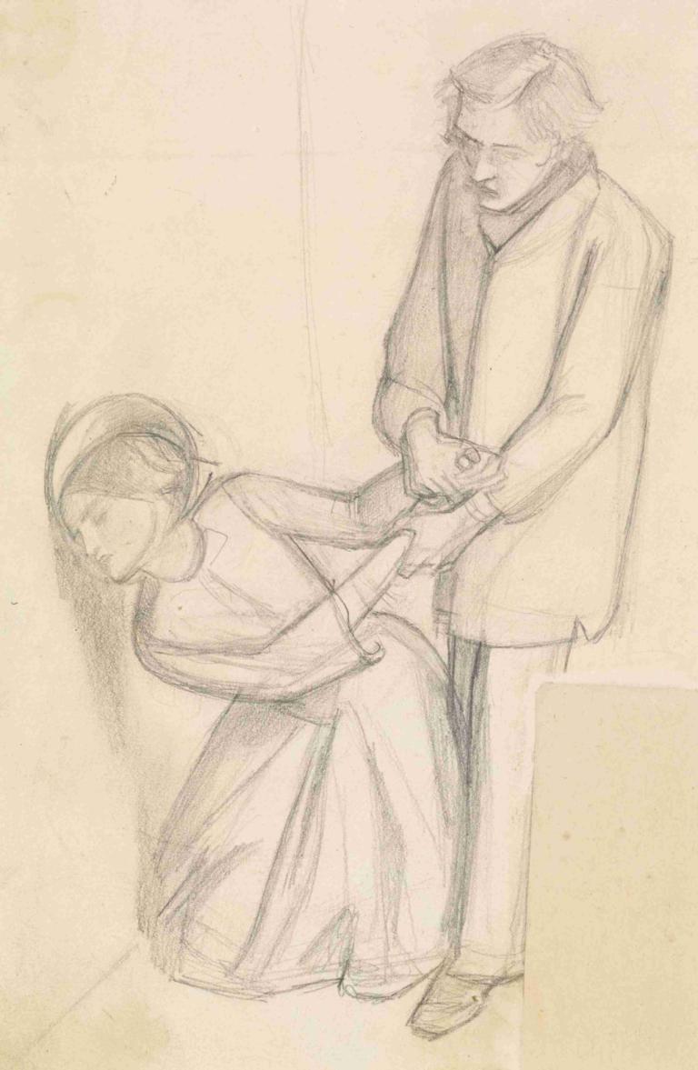 Found,Dante Gabriel Rossetti,Sketch,Sketch, sketch, 1girl, 1boy, monochrome, dress, traditional media