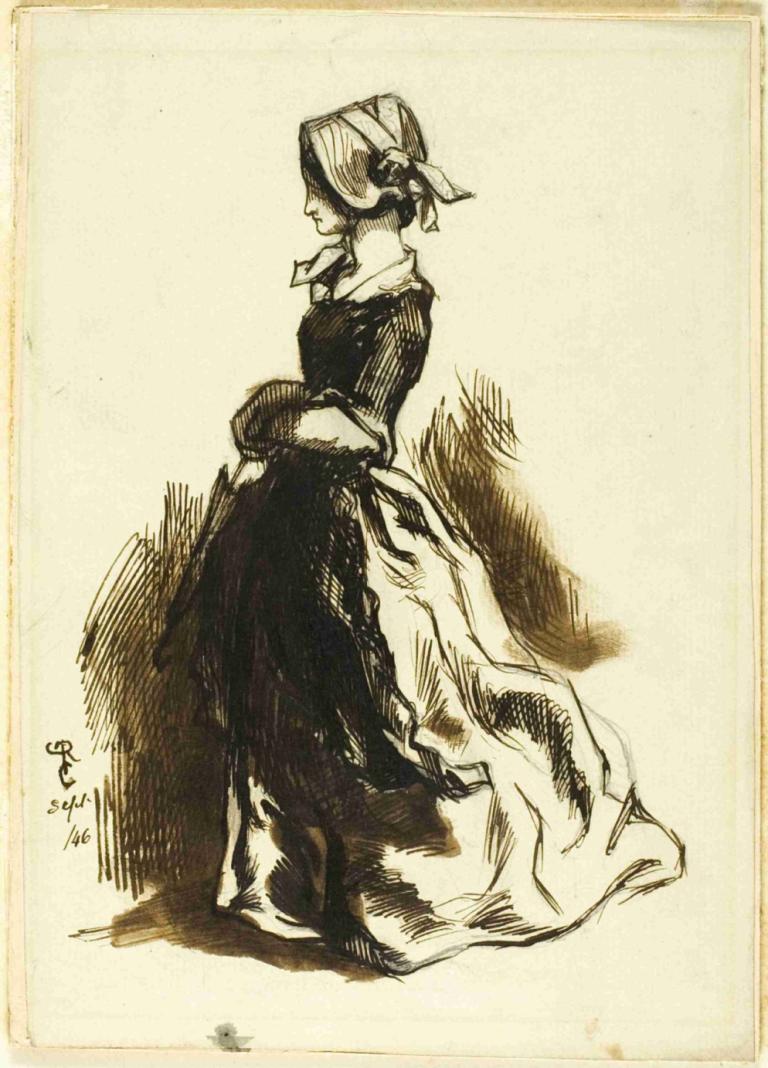 Full-length Portrait of a Woman,Dante Gabriel Rossetti,Sketch,Sketch, 1girl, solo, monochrome, dress, hat