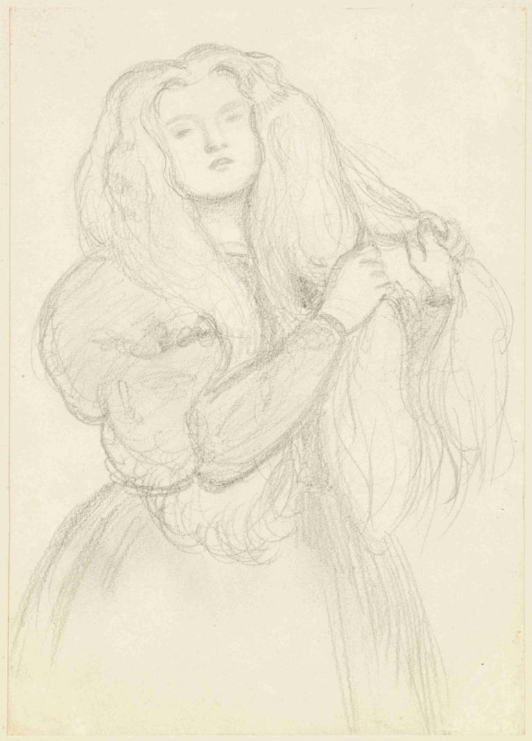 Portrait of Annie Miller,Potret Annie Miller,Dante Gabriel Rossetti,Sketsa,Sketsa, 1 gadis, rambut panjang