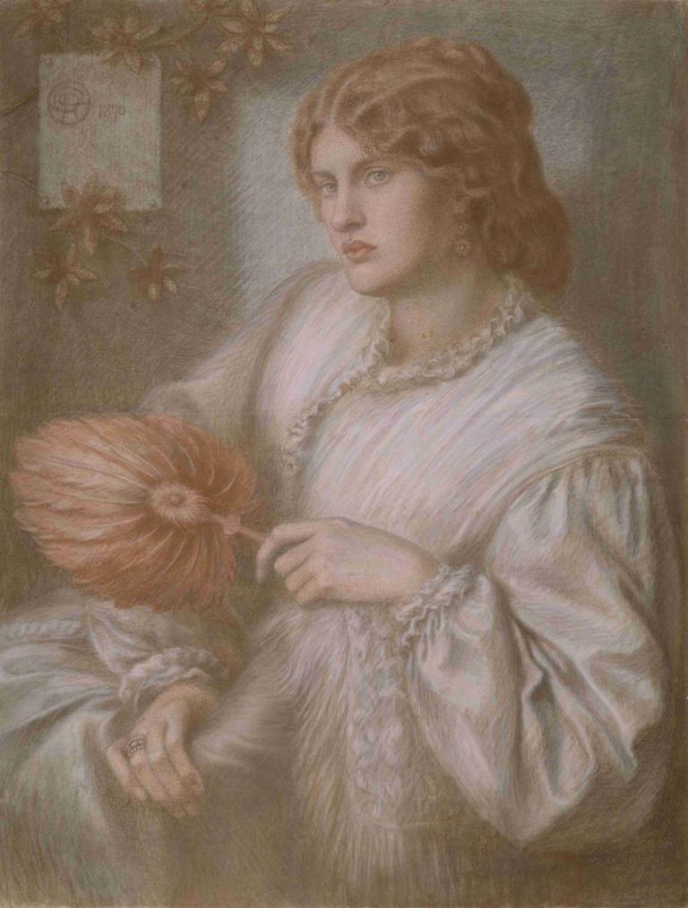 Portrait of woman with a fan,Potret wanita dengan kipas angin,Dante Gabriel Rossetti,Lukisan cat minyak