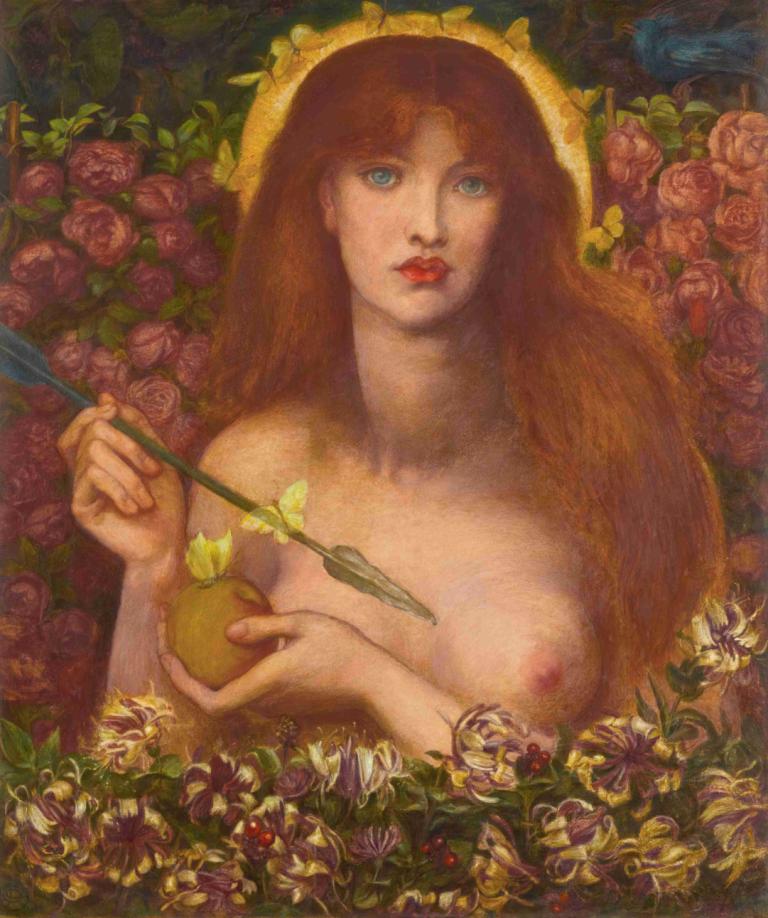 Venus Verticordia,Vertigo Venus,Dante Gabriel Rossetti,Oliemaleri,Oliemaleri, 1 pige, brystvorter, blomst