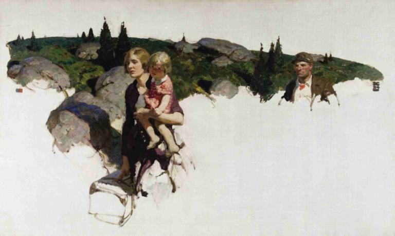 A Finished Story,Dean Cornwell,Watercolor,Watercolor, blonde hair, multiple boys, sitting, chair, 1girl