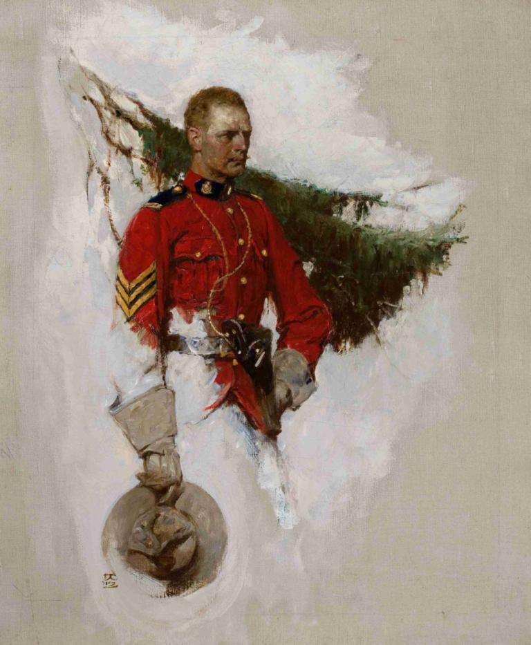 Canadian Mountie,Dean Cornwell,Pastel,Pastel, 1boy, male focus, solo, gloves, uniform, traditional media