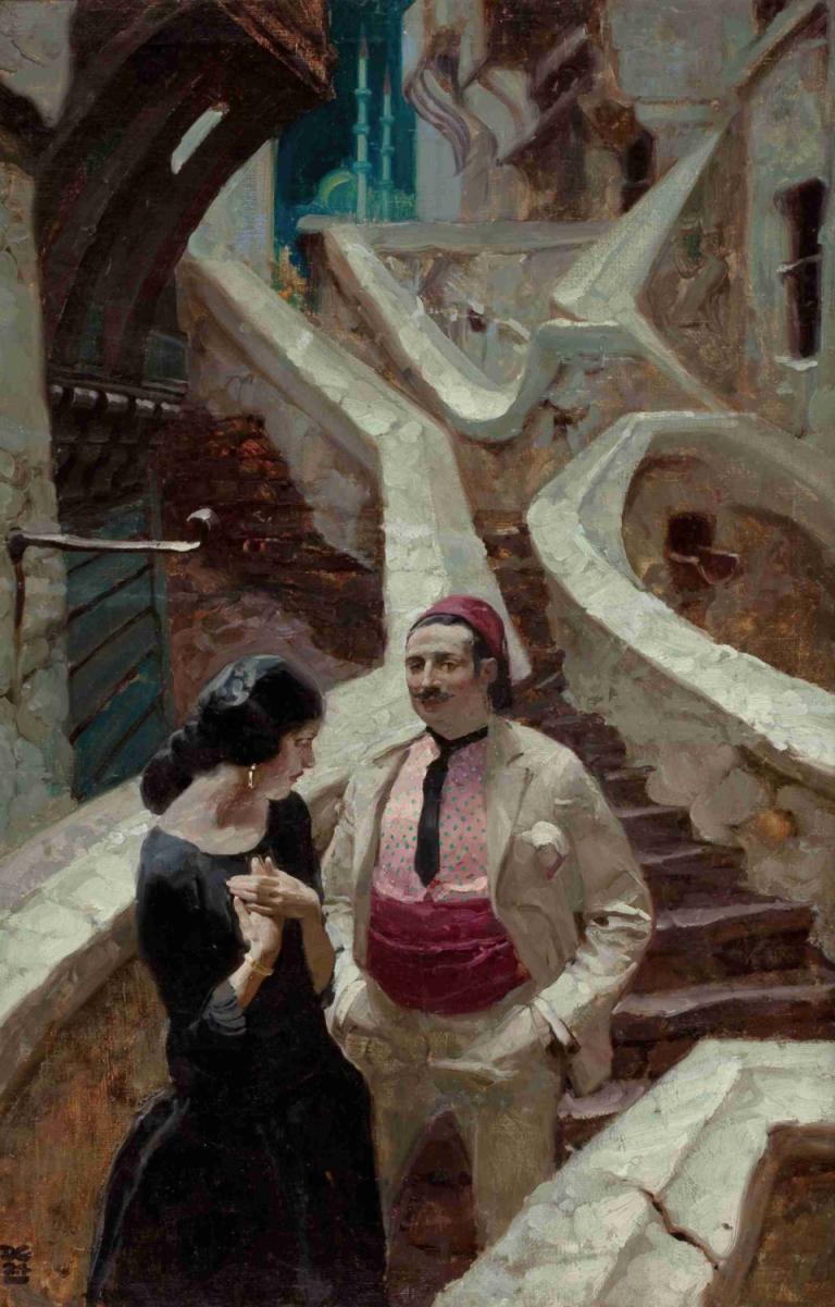 City of Temptation,Dean Cornwell,Oil Painting,Oil Painting, 1girl, 1boy, black hair, dress, earrings, jewelry