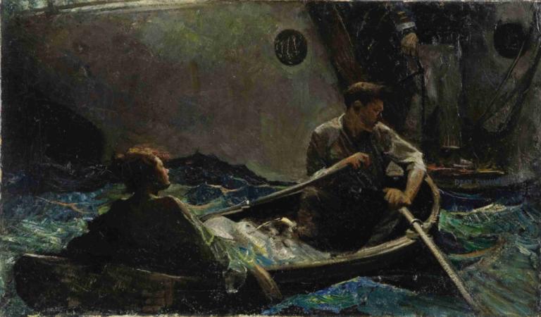 Couple in a Rowboat,划艇上的情侶,Dean Cornwell,迪恩·康威爾,油畫,油畫, 多個男孩, 船隻, 船, 水, 襯衫, 白襯衫, 短髮, 武器, 男性焦點, 保持, 傳統媒體, 黑髮