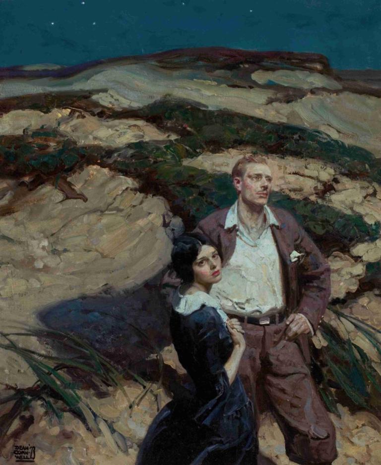 Gold Hands,金子之手,Dean Cornwell,迪恩·康威爾,油畫,油畫, 1個女孩, 1男孩, 裙子, 黑裙子, 黑髮, 腰帶, 夜晚, 白襯衫, 戶外, 夾克, 襯衫, 天空, 褲子, 短髮, 項鍊