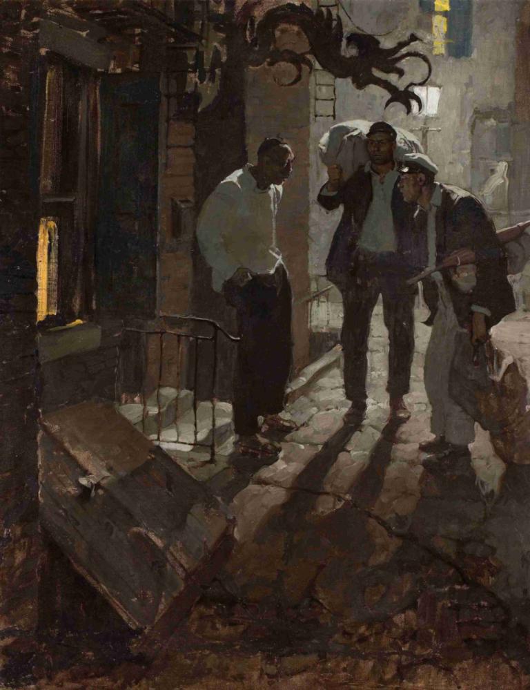 Man at the Crossroad,十字路口的男人,Dean Cornwell,油画,油画, 多个男孩, 夹克, 衬衫, 裤子, 白衬衫, 男性焦点, 黑发, 常设, 胡子, 户外, 包, 3个男孩, 短发