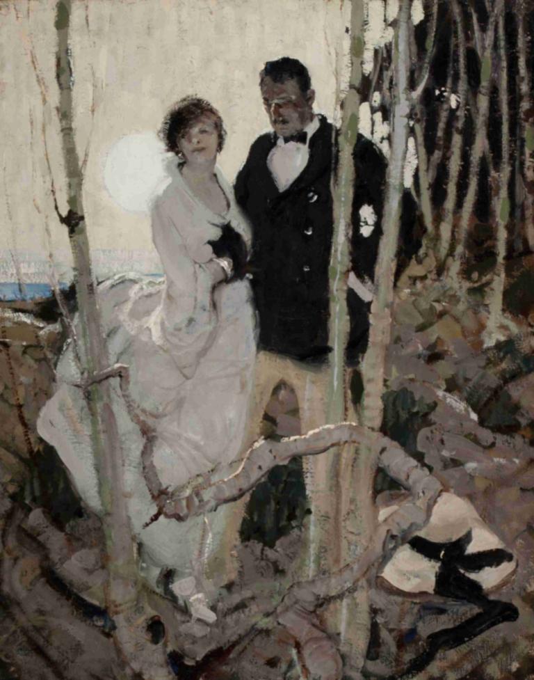 Moonlit Couple,月光下的情侣,Dean Cornwell,油画,油画, 1个女孩, 1男孩, 胡子, 弓, 领结, 月亮, 黑发, 裙子, 胡须, 动物, 长袖, 短发, 黑弓, 白色礼服, 胡子