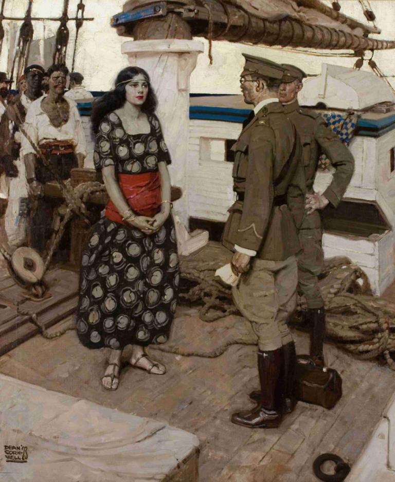 Never the Twain Shall Meet,쌍둥이는 절대 만나지 않는다,Dean Cornwell,딘 콘웰,파스텔,파스텔, 여자 1명, 군대, 제복, 1남, 모자, 군복, 흑발, 드레스, 부츠