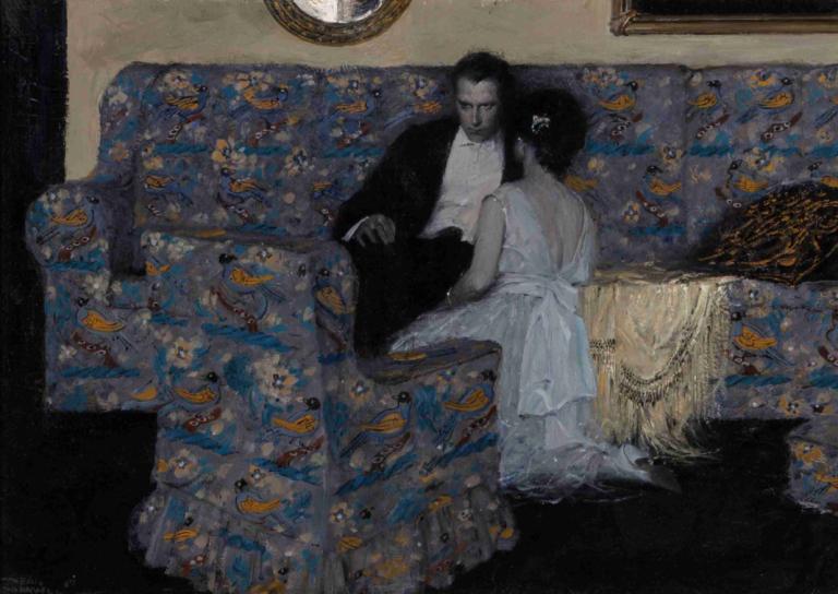 Options,Dean Cornwell,Oil Painting,Oil Painting, black hair, dress, white dress, sitting, 1girl, couch, 1boy