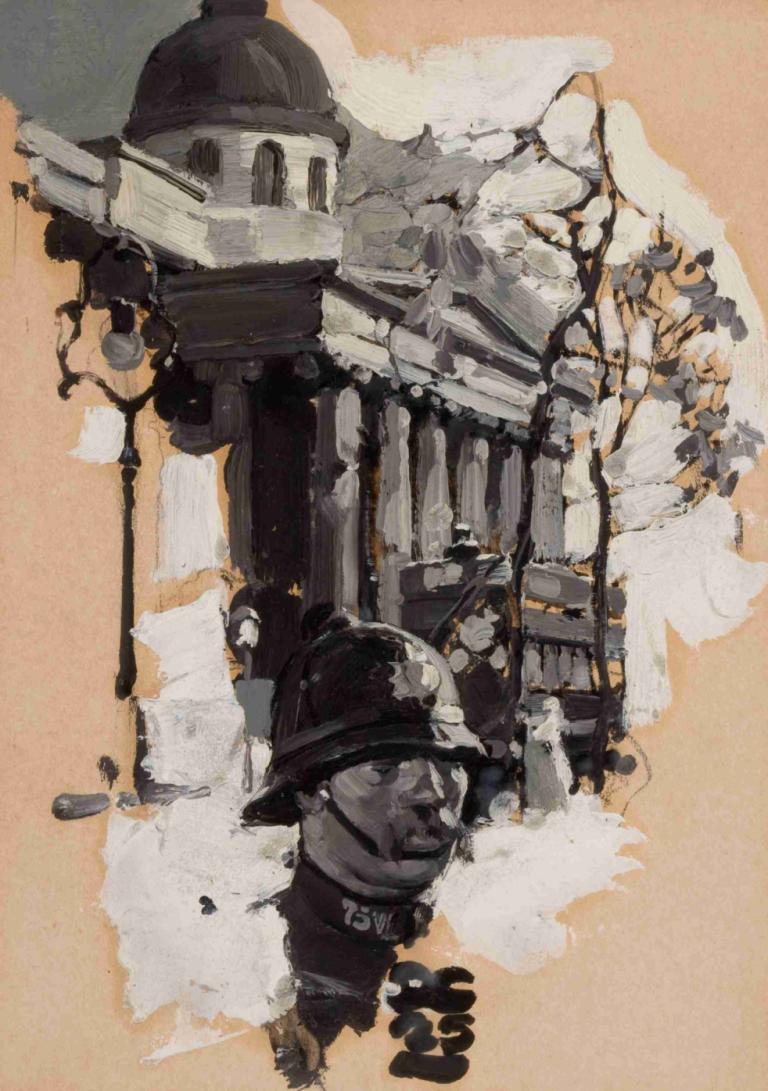 Policeman with Parliamentary Building,警察与议会大厦,Dean Cornwell,粉彩画,粉彩画, 1男孩, 独奏, 男性焦点, 建筑, 传统媒体, 常设