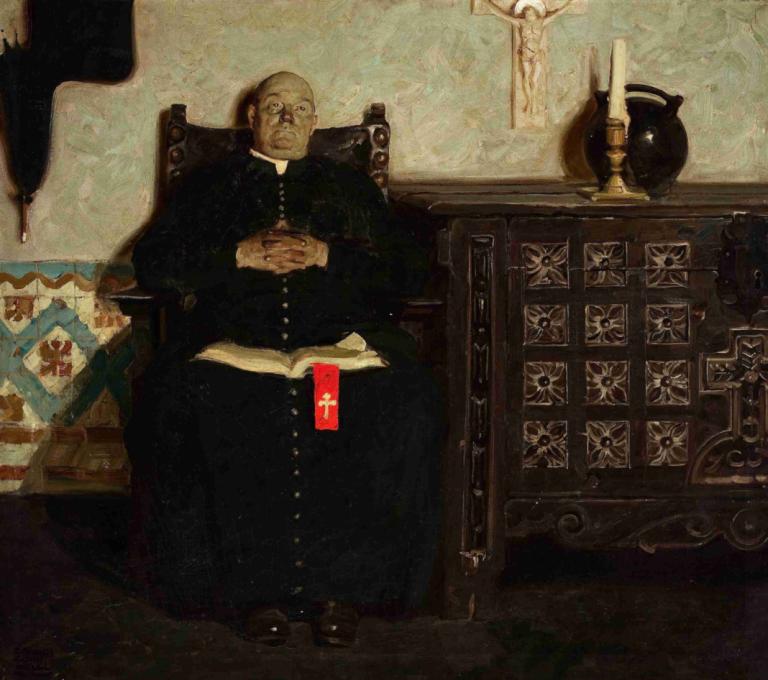 Priest, Spanish City,西班牙城牧师,Dean Cornwell,油画,油画, 1男孩, 独奏, 男性焦点, 坐着, 书, 自己双手合在一起, 老的, 眼镜, 美术模仿, 椅子, 自己双手紧握