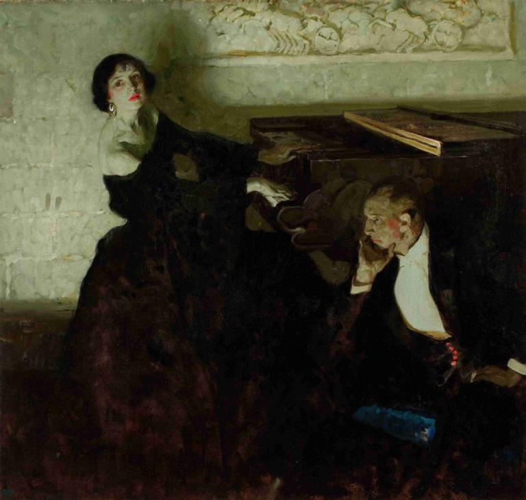 Romantic Couple Seated by Piano,Dean Cornwell,Oil Painting,Oil Painting, 1girl, 1boy, black hair, short hair