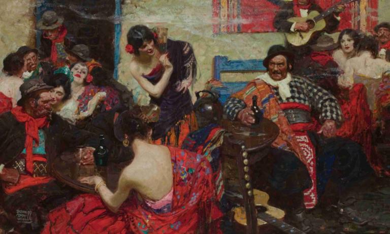 Spanish Tavern,西班牙酒館,Dean Cornwell,迪恩·康威爾,油畫,油畫, 美術模仿, 多個男孩, 多個女孩, 黑髮, 繪畫（中）, 裙子, 傳統媒體, 桌子, 6+男孩, 杯子, 帽子, 鬍子