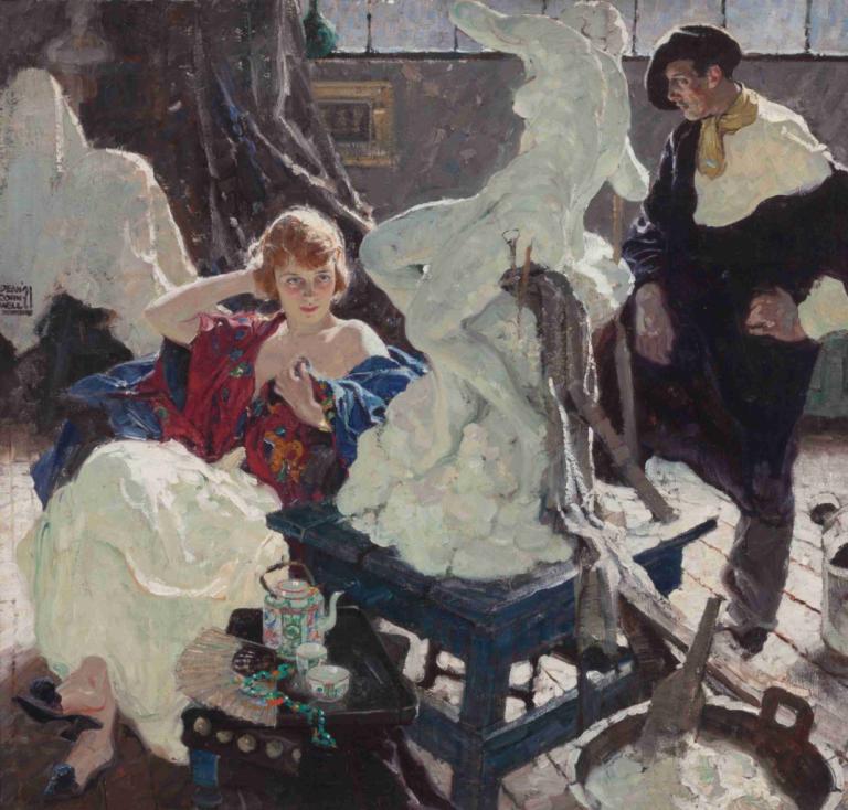 The Artist and His Model,Artysta i jego model,Dean Cornwell,Obraz olejny,Obraz olejny, 1 dziewczyna, kapelusz