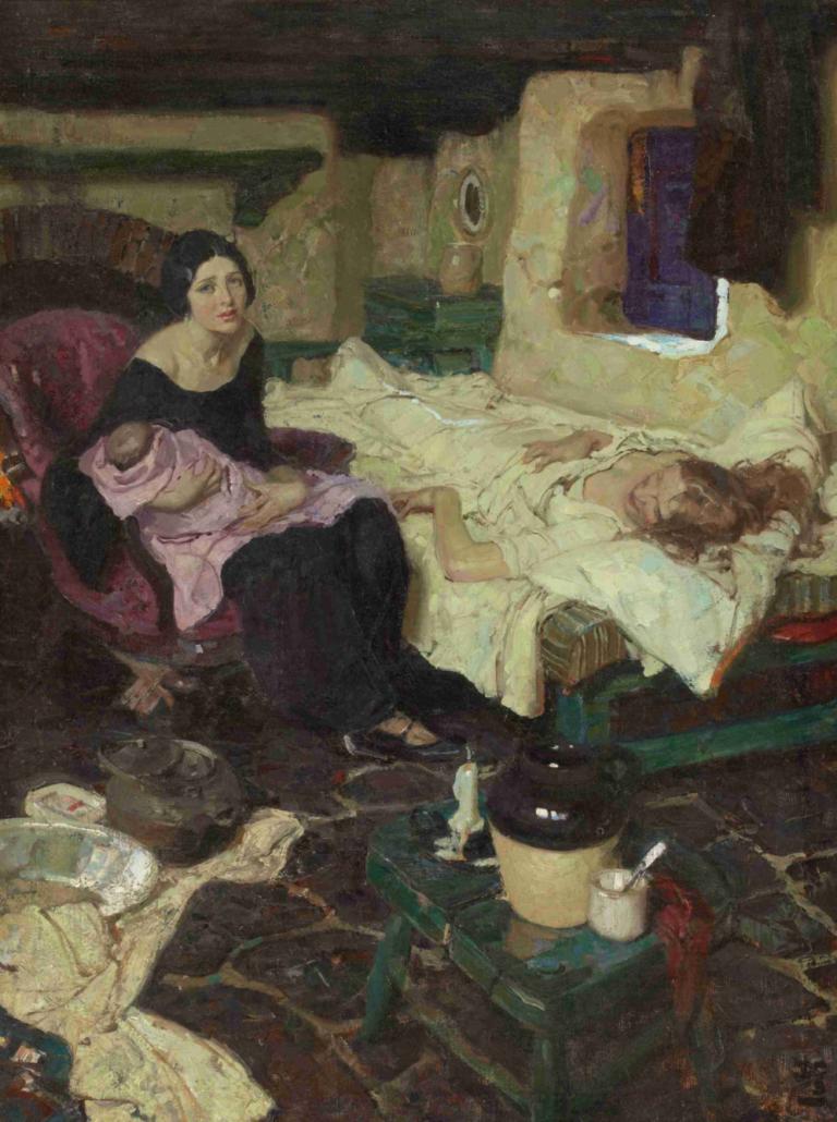 The Beautiful Mid-Wife, the Baby, and the Beautiful Mother,美丽的助产士、婴儿和美丽的母亲,Dean Cornwell,油画,油画, 1个女孩, 独奏, 黑发