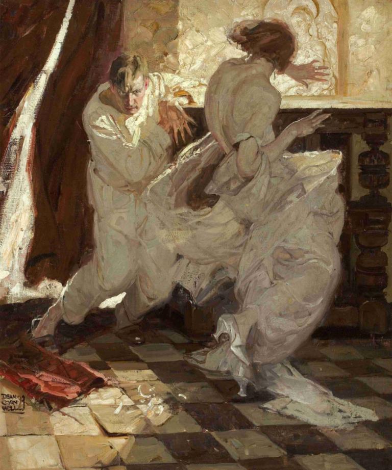 The Garden of Peril,Dean Cornwell,Oil Painting,Oil Painting, dancing, dress, curtains, 1girl, short hair