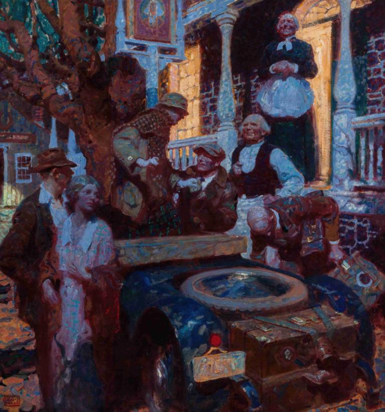 The Great Things of Life-Travel,Dean Cornwell,Oil Painting,Oil Painting, multiple boys, hat, 6+boys, standing