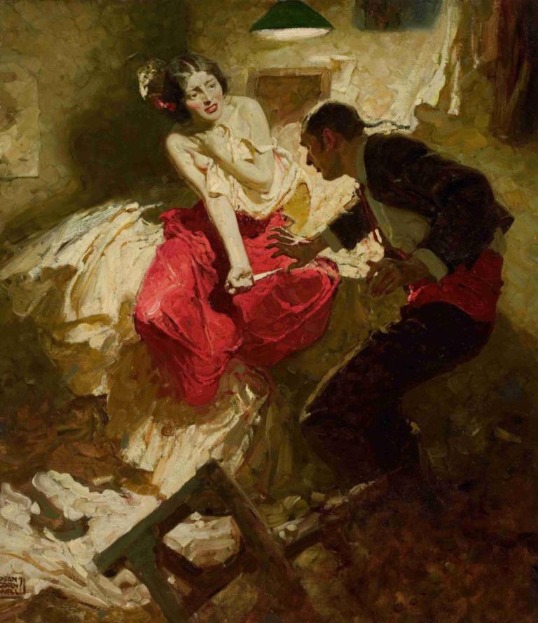 The Red Shawl,红色披肩,Dean Cornwell,油画,油画, 1个女孩, 1男孩, 美术模仿, 乳房, 黑发, 绘画（中）, 传统媒体, 异性恋, 床, 在室内