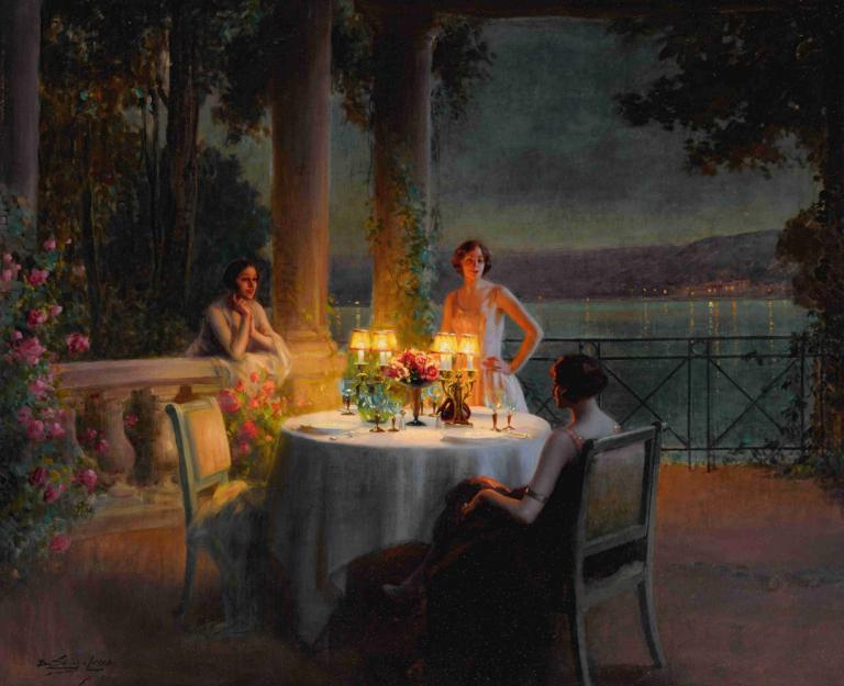 A candlelit dinner,Delphin Enjolras,Oil Painting,Oil Painting, multiple girls, flower, table, dress, sitting