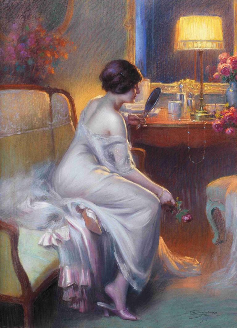 A fair reflection,Delphin Enjolras,Oil Painting,Oil Painting, 1girl, flower, solo, dress, sitting, short hair