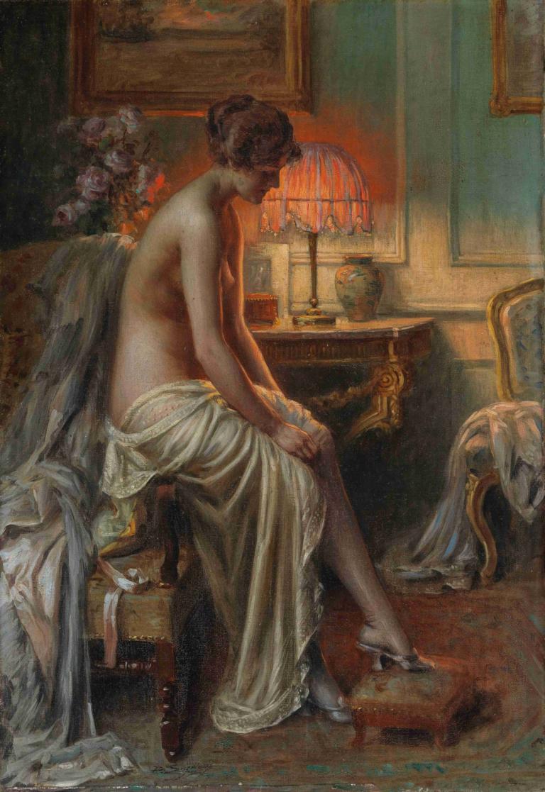 A lady in the boudoir,Delphin Enjolras,Oil Painting,Oil Painting, 1girl, solo, sitting, chair