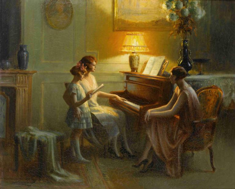 By the piano,Delphin Enjolras,Oil Painting,Oil Painting, fine art parody, chair, 1girl, 1boy, sitting