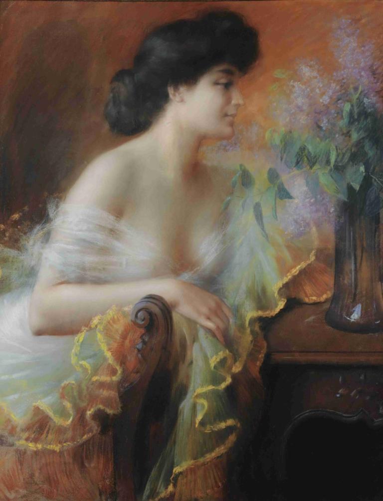 Femme au bouquet de lilas,Nainen ja nippu syreeniä,Delphin Enjolras,Delfiini Enjolras,Öljymaalaus,Öljymaalaus